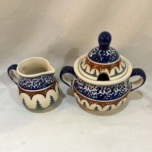 Boleslawiec Polish Pottery Lidded Sugar Bowl and Creamer Set Christmas Pine Tree
